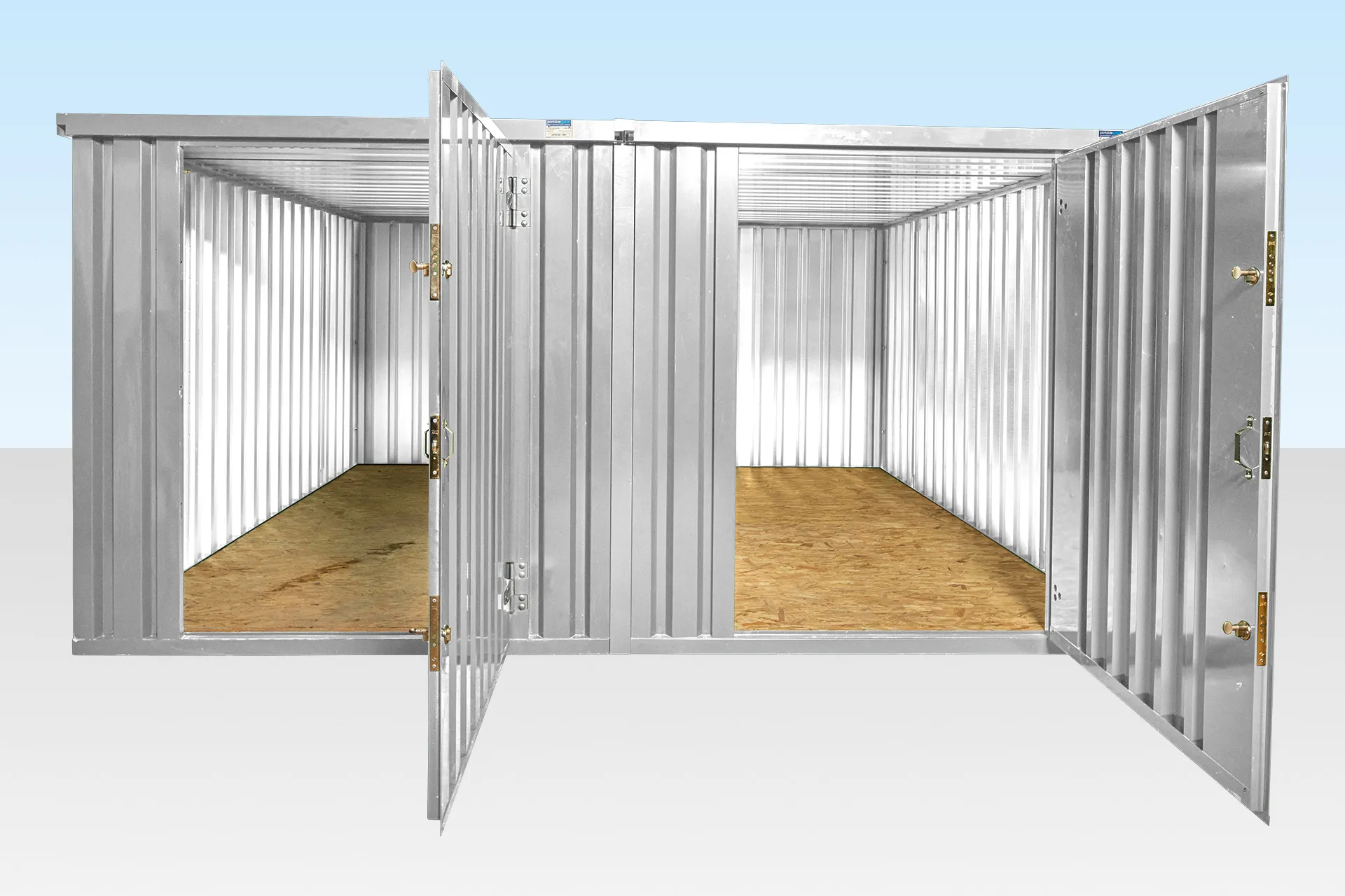 3m x 4.2m Linked Flat Pack Stores – Galvanized, Side by Side